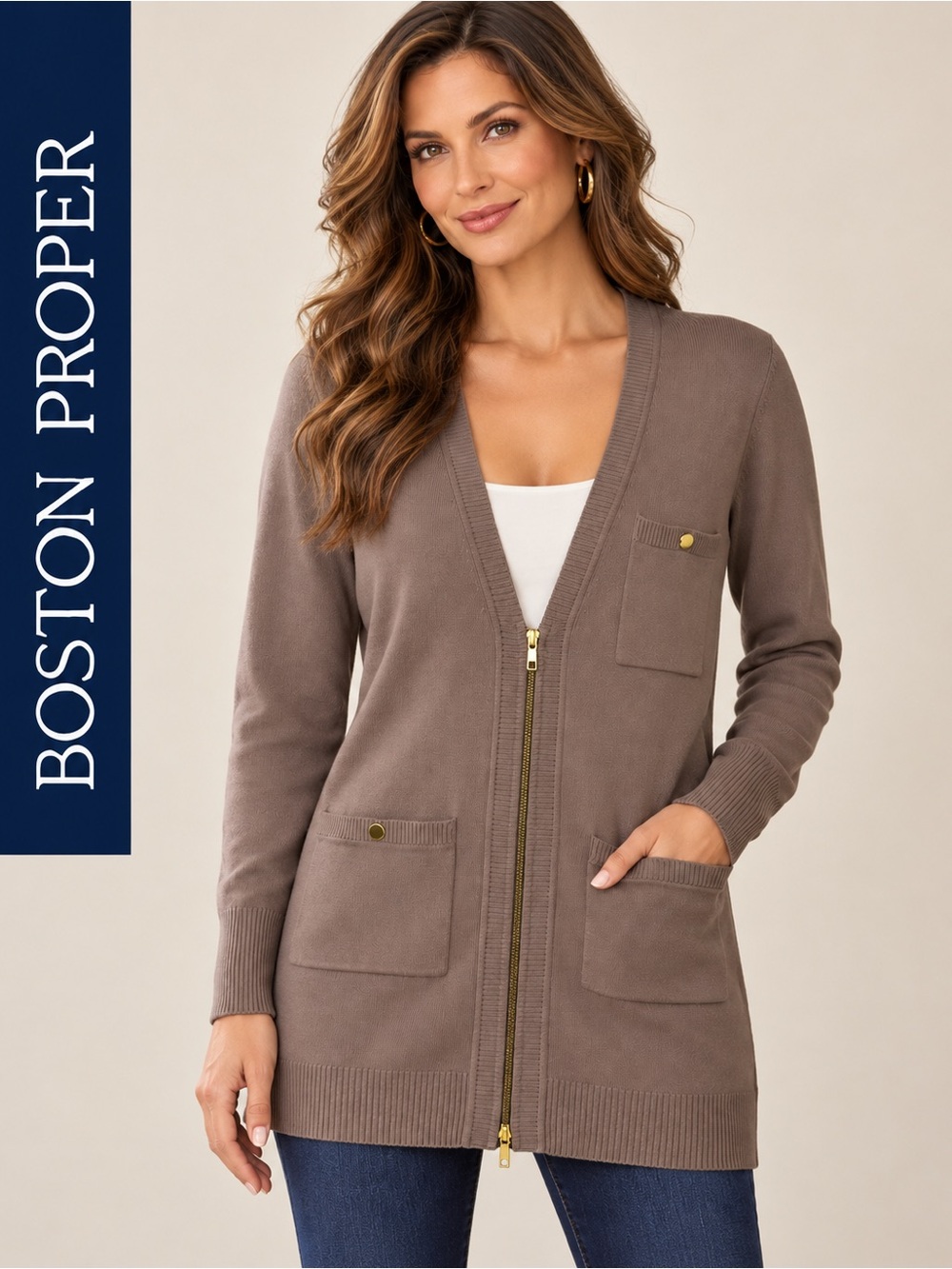 Boston Proper Zip-Front Longline Cardigan Sweater Tan M